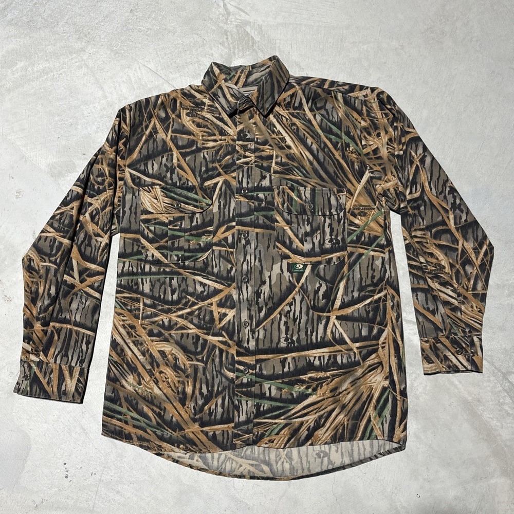 VTG Mossy Oak Chamois Shirt M Camo Button Up Flannel Shadow Grass Tree Logo USA
